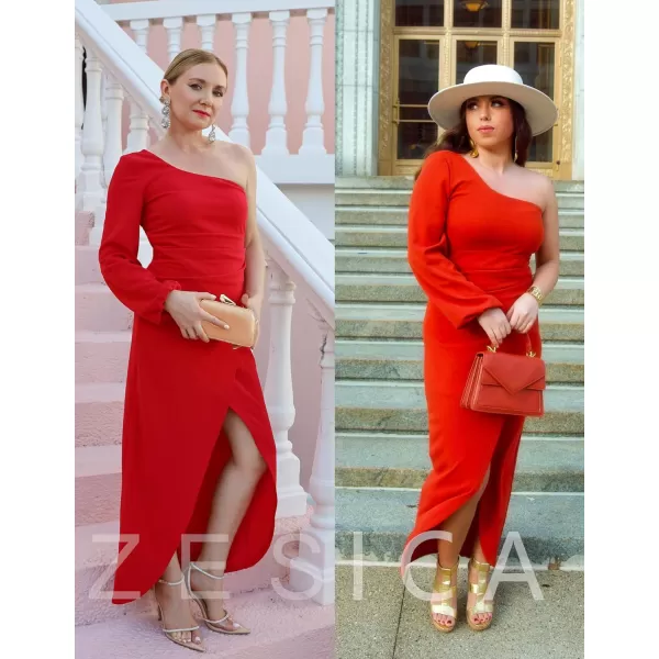 ZESICA Womens 2024 One Shoulder Long Sleeve Cocktail Dress Sexy High Slit Ruched Bodycon Wedding Guest Maxi DressesRed
