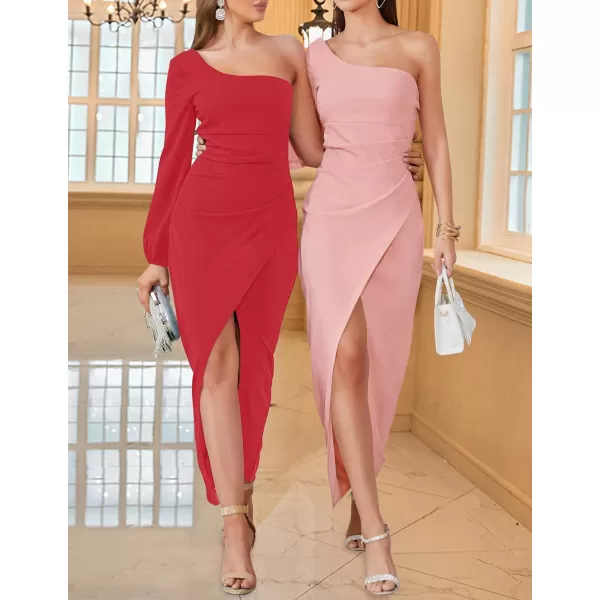 ZESICA Womens 2024 One Shoulder Long Sleeve Cocktail Dress Sexy High Slit Ruched Bodycon Wedding Guest Maxi DressesRed