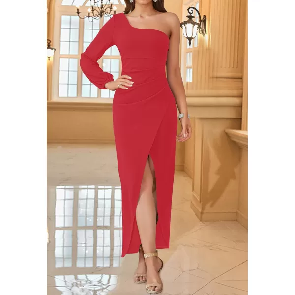 ZESICA Womens 2024 One Shoulder Long Sleeve Cocktail Dress Sexy High Slit Ruched Bodycon Wedding Guest Maxi DressesRed