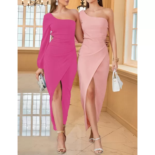 ZESICA Womens 2024 One Shoulder Long Sleeve Cocktail Dress Sexy High Slit Ruched Bodycon Wedding Guest Maxi DressesRose