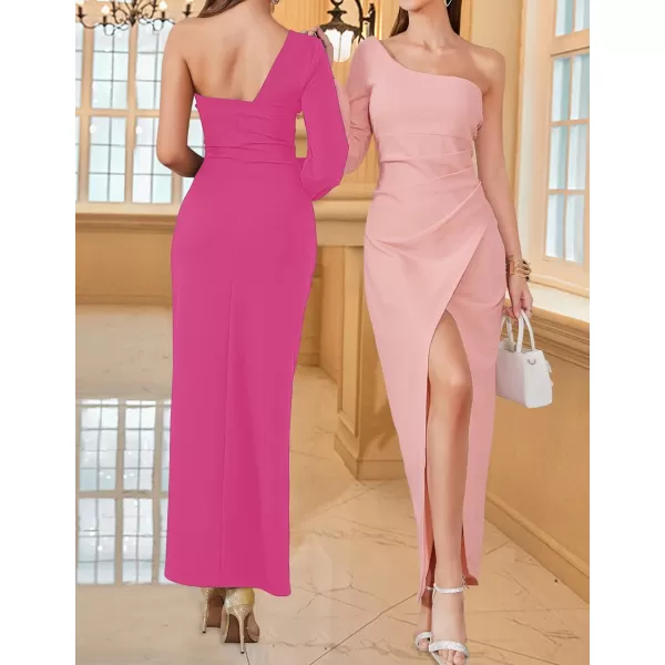 ZESICA Womens 2024 One Shoulder Long Sleeve Cocktail Dress Sexy High Slit Ruched Bodycon Wedding Guest Maxi DressesRose