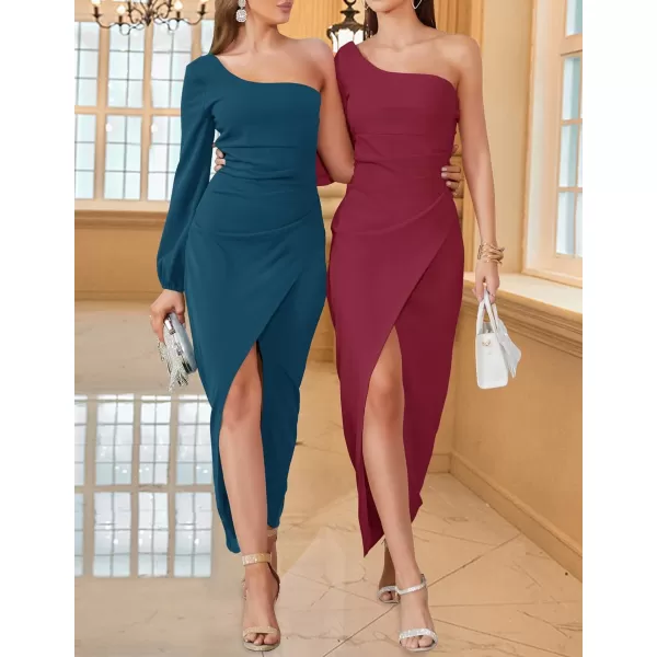 ZESICA Womens 2024 One Shoulder Long Sleeve Cocktail Dress Sexy High Slit Ruched Bodycon Wedding Guest Maxi DressesTeal