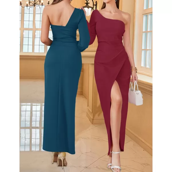 ZESICA Womens 2024 One Shoulder Long Sleeve Cocktail Dress Sexy High Slit Ruched Bodycon Wedding Guest Maxi DressesTeal