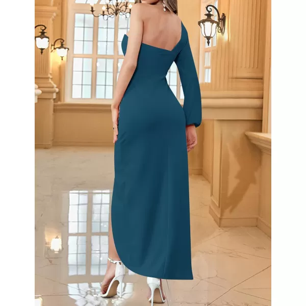 ZESICA Womens 2024 One Shoulder Long Sleeve Cocktail Dress Sexy High Slit Ruched Bodycon Wedding Guest Maxi DressesTeal