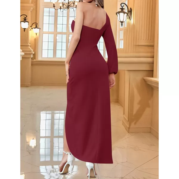 ZESICA Womens 2024 One Shoulder Long Sleeve Cocktail Dress Sexy High Slit Ruched Bodycon Wedding Guest Maxi DressesWine