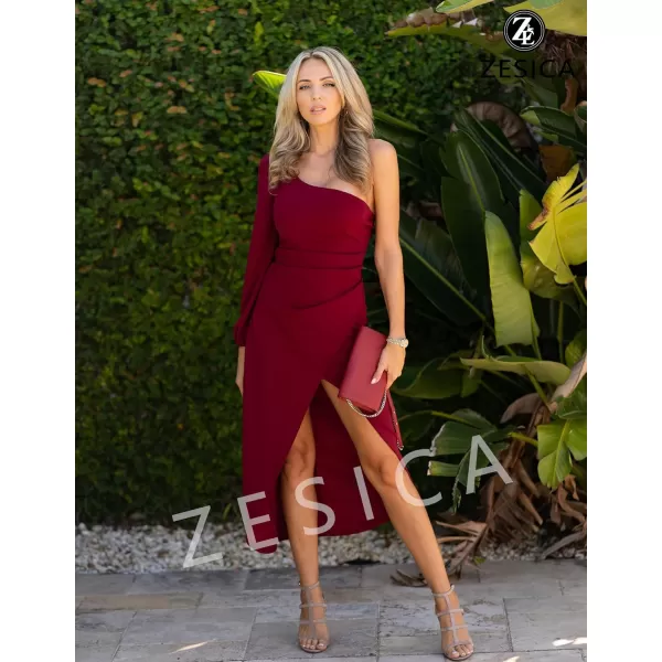 ZESICA Womens 2024 One Shoulder Long Sleeve Cocktail Dress Sexy High Slit Ruched Bodycon Wedding Guest Maxi DressesWine