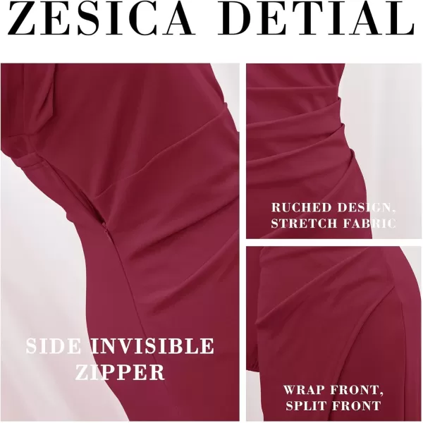 ZESICA Womens 2024 One Shoulder Long Sleeve Cocktail Dress Sexy High Slit Ruched Bodycon Wedding Guest Maxi DressesWine