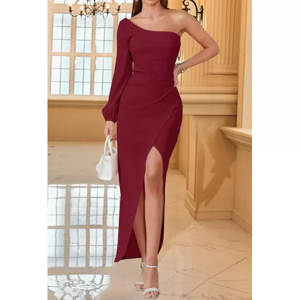 ZESICA Womens 2024 One Shoulder Long Sleeve Cocktail Dress Sexy High Slit Ruched Bodycon Wedding Guest Maxi DressesWine