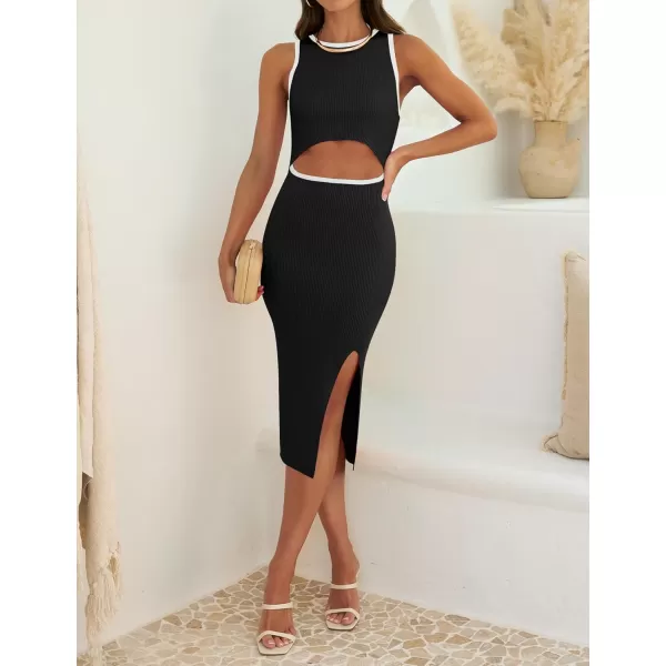 ZESICA Womens 2024 Ribbed Knit Dress Long Sleeve Mock Neck Slim Fit Side Slit Fall Elegant Sweater DressesBlack