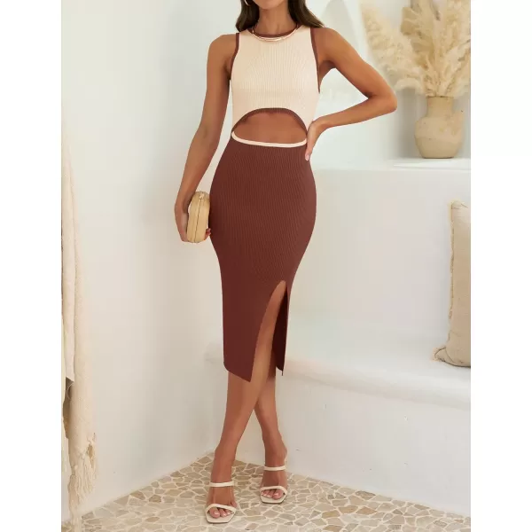 ZESICA Womens 2024 Ribbed Knit Dress Long Sleeve Mock Neck Slim Fit Side Slit Fall Elegant Sweater DressesBrown