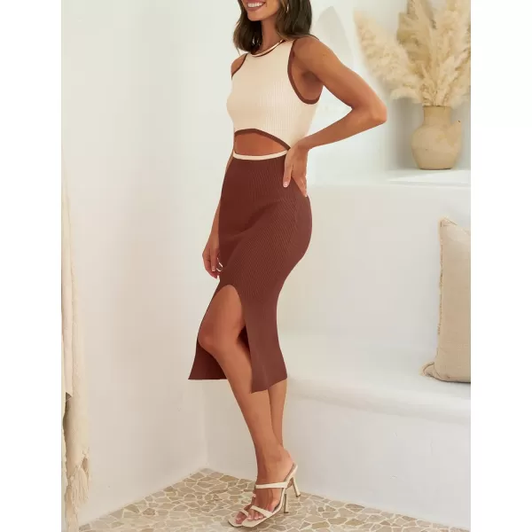 ZESICA Womens 2024 Ribbed Knit Dress Long Sleeve Mock Neck Slim Fit Side Slit Fall Elegant Sweater DressesBrown