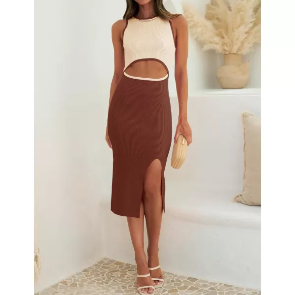ZESICA Womens 2024 Ribbed Knit Dress Long Sleeve Mock Neck Slim Fit Side Slit Fall Elegant Sweater DressesBrown