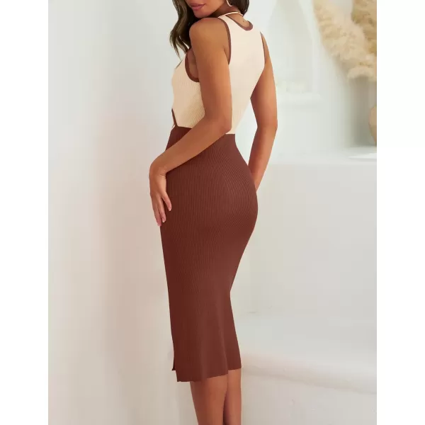 ZESICA Womens 2024 Ribbed Knit Dress Long Sleeve Mock Neck Slim Fit Side Slit Fall Elegant Sweater DressesBrown