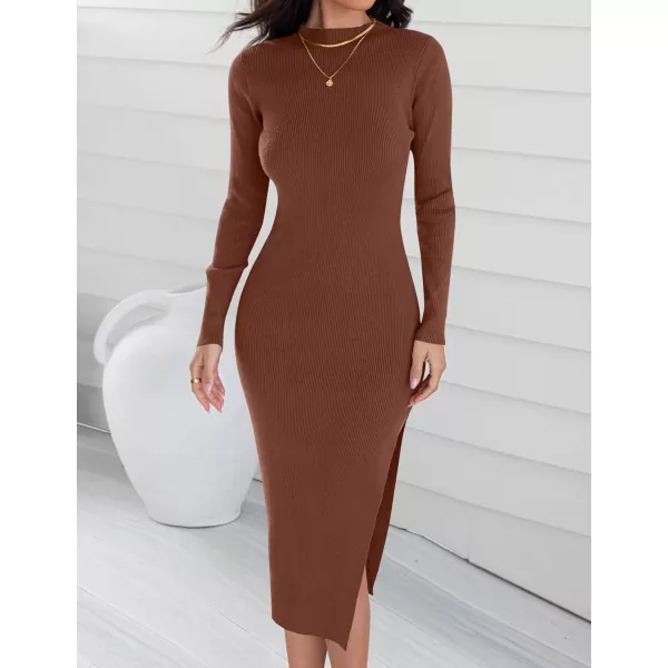 ZESICA Womens 2024 Ribbed Knit Dress Long Sleeve Mock Neck Slim Fit Side Slit Fall Elegant Sweater DressesCoffee