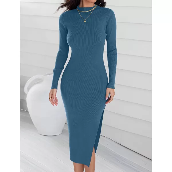 ZESICA Womens 2024 Ribbed Knit Dress Long Sleeve Mock Neck Slim Fit Side Slit Fall Elegant Sweater DressesDarkblue