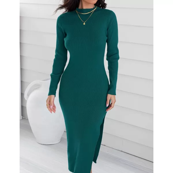 ZESICA Womens 2024 Ribbed Knit Dress Long Sleeve Mock Neck Slim Fit Side Slit Fall Elegant Sweater DressesDarkgreen