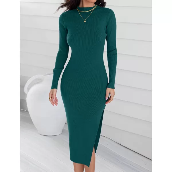 ZESICA Womens 2024 Ribbed Knit Dress Long Sleeve Mock Neck Slim Fit Side Slit Fall Elegant Sweater DressesDarkgreen