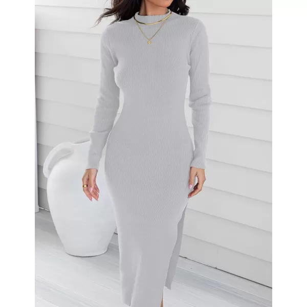 ZESICA Womens 2024 Ribbed Knit Dress Long Sleeve Mock Neck Slim Fit Side Slit Fall Elegant Sweater DressesGrey