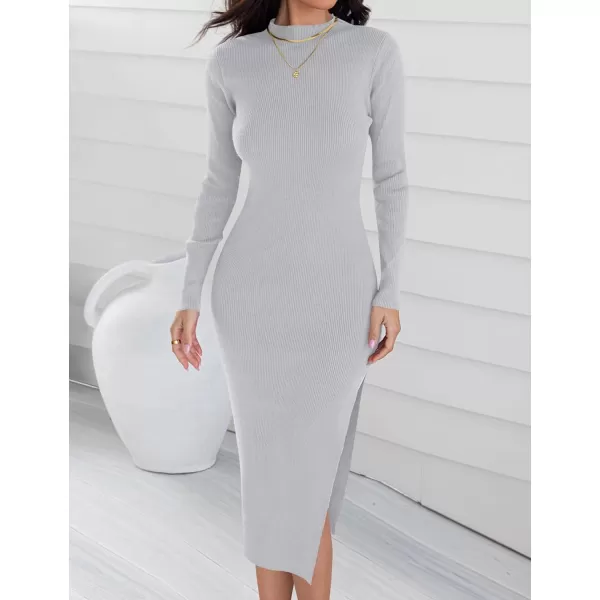 ZESICA Womens 2024 Ribbed Knit Dress Long Sleeve Mock Neck Slim Fit Side Slit Fall Elegant Sweater DressesGrey
