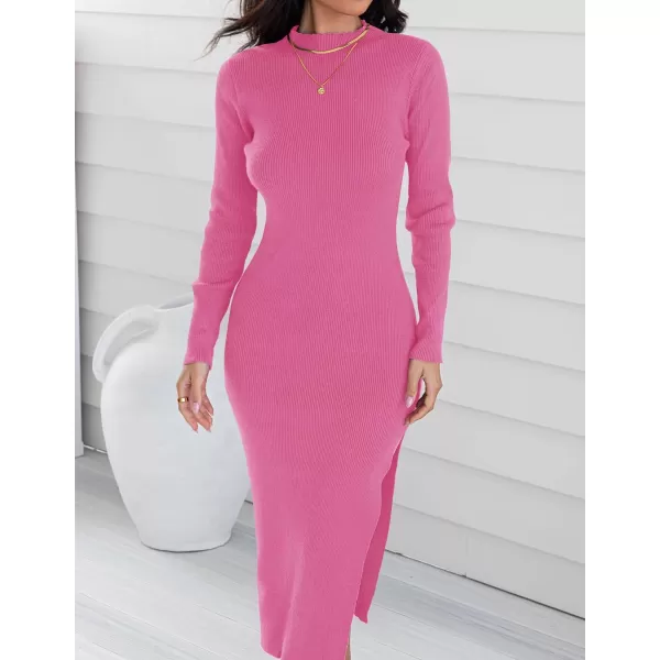 ZESICA Womens 2024 Ribbed Knit Dress Long Sleeve Mock Neck Slim Fit Side Slit Fall Elegant Sweater DressesHotpink