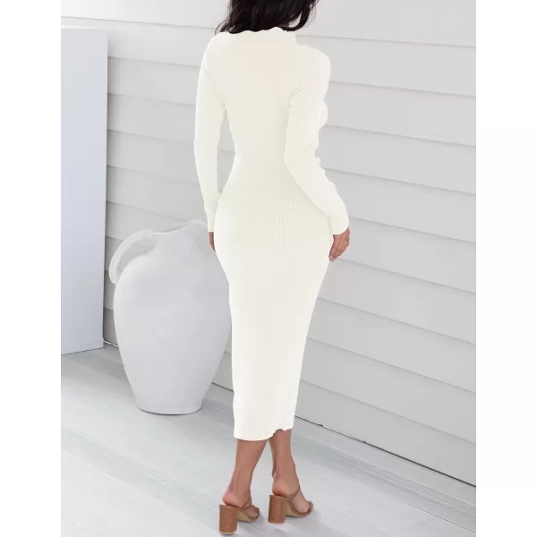ZESICA Womens 2024 Ribbed Knit Dress Long Sleeve Mock Neck Slim Fit Side Slit Fall Elegant Sweater DressesIvory