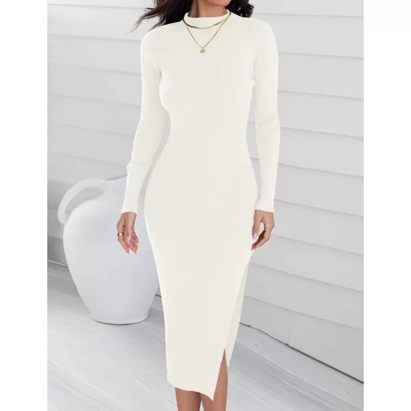 ZESICA Womens 2024 Ribbed Knit Dress Long Sleeve Mock Neck Slim Fit Side Slit Fall Elegant Sweater DressesIvory