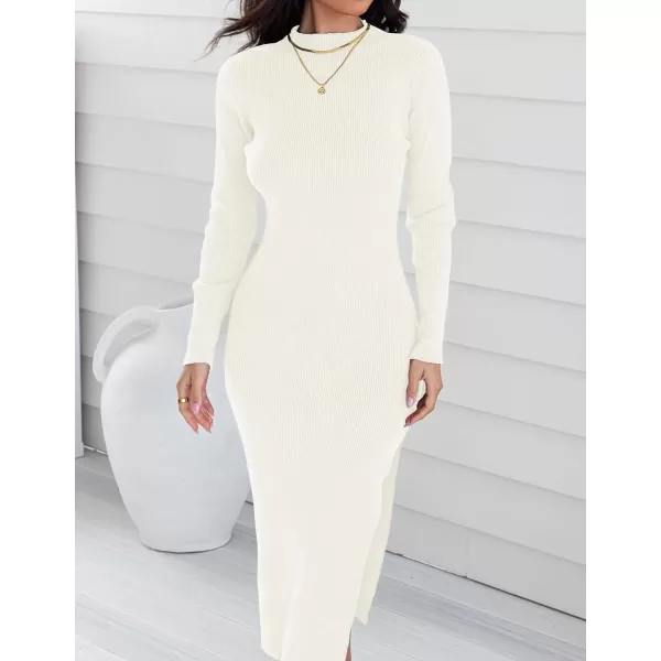 ZESICA Womens 2024 Ribbed Knit Dress Long Sleeve Mock Neck Slim Fit Side Slit Fall Elegant Sweater DressesIvory