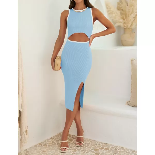 ZESICA Womens 2024 Ribbed Knit Dress Long Sleeve Mock Neck Slim Fit Side Slit Fall Elegant Sweater DressesLightblue