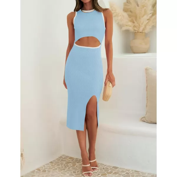 ZESICA Womens 2024 Ribbed Knit Dress Long Sleeve Mock Neck Slim Fit Side Slit Fall Elegant Sweater DressesLightblue