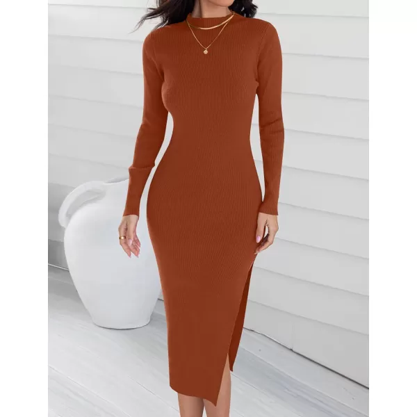 ZESICA Womens 2024 Ribbed Knit Dress Long Sleeve Mock Neck Slim Fit Side Slit Fall Elegant Sweater DressesRust