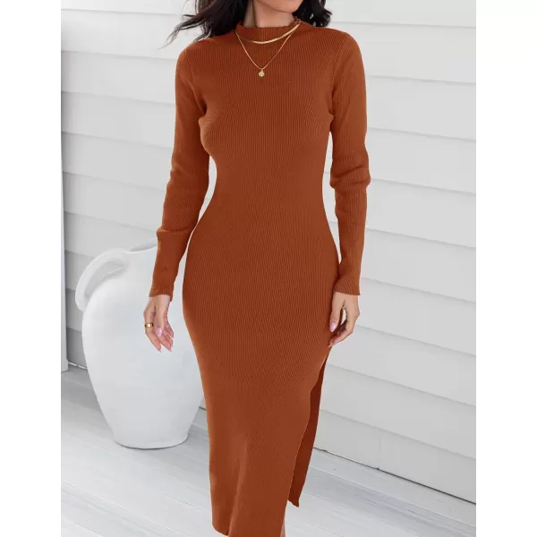 ZESICA Womens 2024 Ribbed Knit Dress Long Sleeve Mock Neck Slim Fit Side Slit Fall Elegant Sweater DressesRust