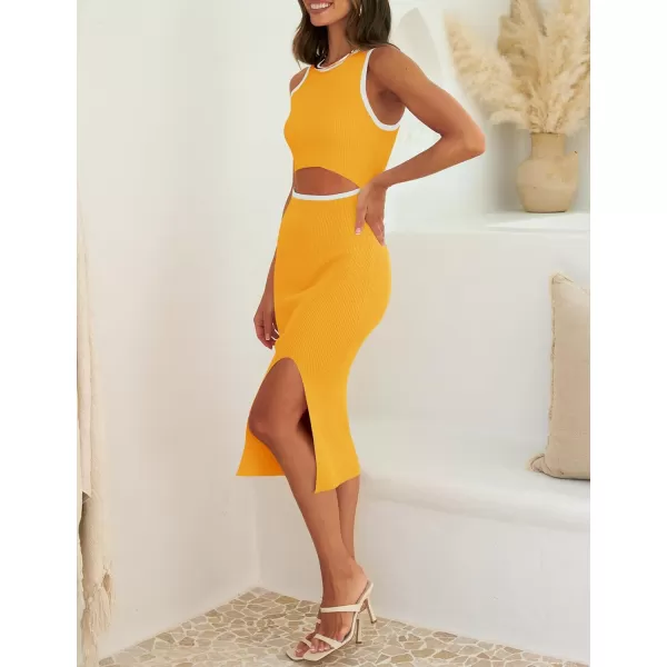 ZESICA Womens 2024 Ribbed Knit Dress Long Sleeve Mock Neck Slim Fit Side Slit Fall Elegant Sweater DressesYellow