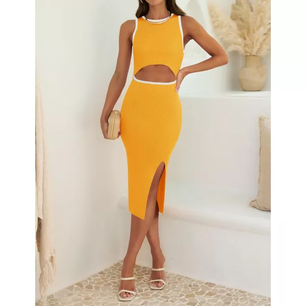 ZESICA Womens 2024 Ribbed Knit Dress Long Sleeve Mock Neck Slim Fit Side Slit Fall Elegant Sweater DressesYellow