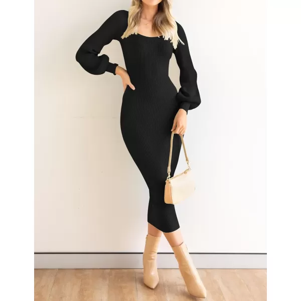 ZESICA Womens 2024 Square Neck Ribbed Knit Dress Puff Long Sleeve Slim Fit Bodycon Fall Winter Pullover Sweater DressBlack