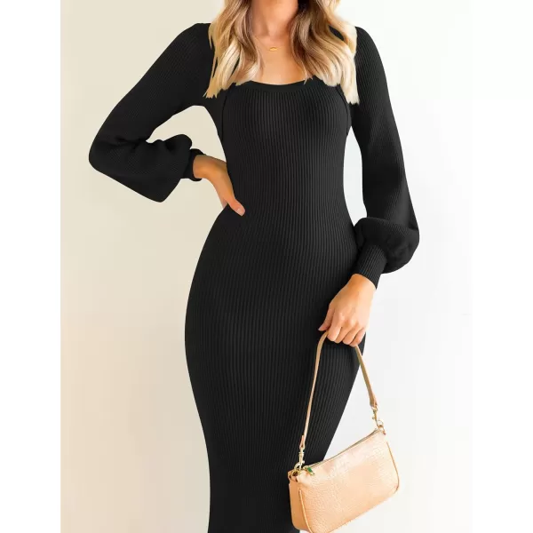 ZESICA Womens 2024 Square Neck Ribbed Knit Dress Puff Long Sleeve Slim Fit Bodycon Fall Winter Pullover Sweater DressBlack