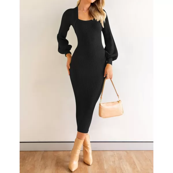 ZESICA Womens 2024 Square Neck Ribbed Knit Dress Puff Long Sleeve Slim Fit Bodycon Fall Winter Pullover Sweater DressBlack