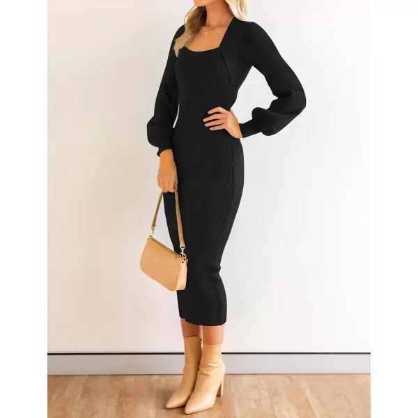 ZESICA Womens 2024 Square Neck Ribbed Knit Dress Puff Long Sleeve Slim Fit Bodycon Fall Winter Pullover Sweater DressBlack