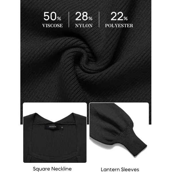 ZESICA Womens 2024 Square Neck Ribbed Knit Dress Puff Long Sleeve Slim Fit Bodycon Fall Winter Pullover Sweater DressBlack