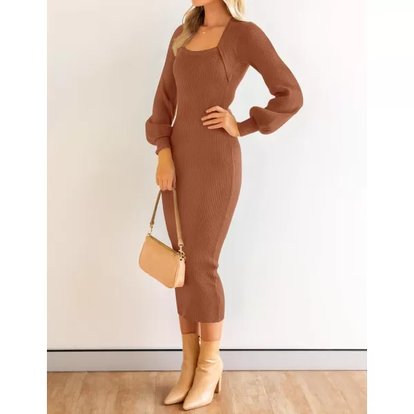 ZESICA Womens 2024 Square Neck Ribbed Knit Dress Puff Long Sleeve Slim Fit Bodycon Fall Winter Pullover Sweater DressCoffee