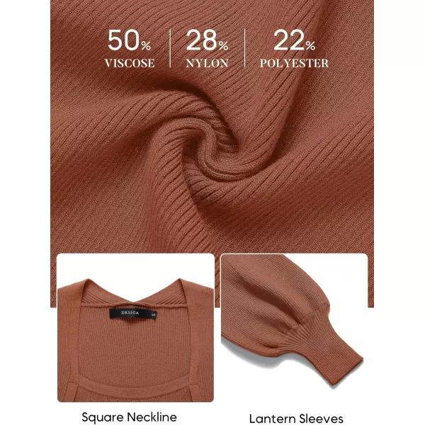 ZESICA Womens 2024 Square Neck Ribbed Knit Dress Puff Long Sleeve Slim Fit Bodycon Fall Winter Pullover Sweater DressCoffee