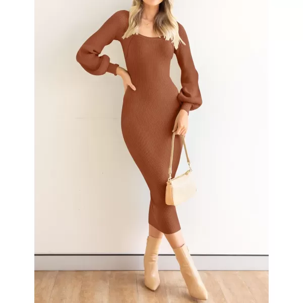 ZESICA Womens 2024 Square Neck Ribbed Knit Dress Puff Long Sleeve Slim Fit Bodycon Fall Winter Pullover Sweater DressCoffee