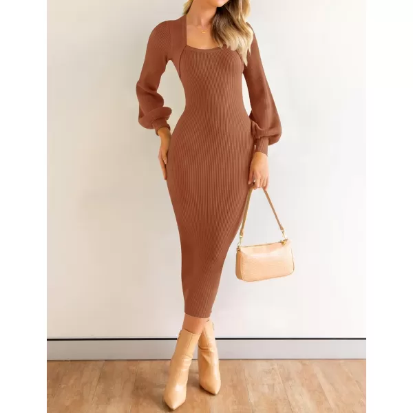 ZESICA Womens 2024 Square Neck Ribbed Knit Dress Puff Long Sleeve Slim Fit Bodycon Fall Winter Pullover Sweater DressCoffee