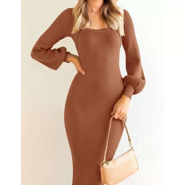 ZESICA Womens 2024 Square Neck Ribbed Knit Dress Puff Long Sleeve Slim Fit Bodycon Fall Winter Pullover Sweater DressCoffee