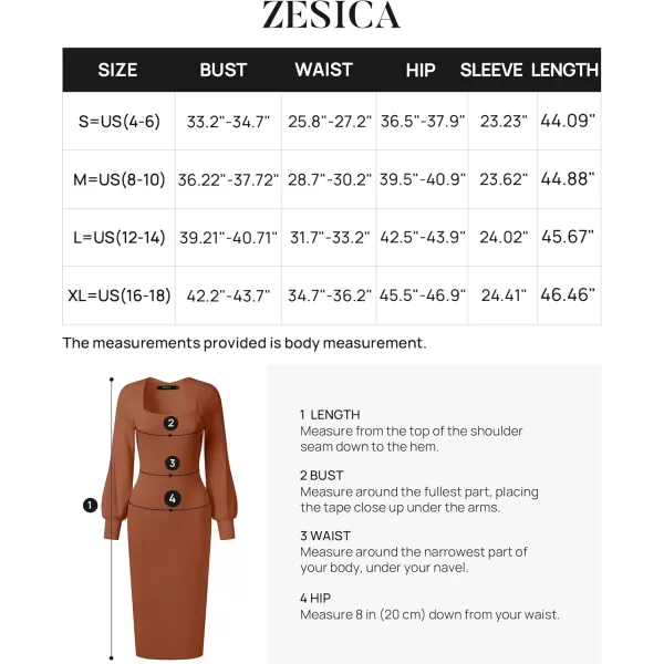 ZESICA Womens 2024 Square Neck Ribbed Knit Dress Puff Long Sleeve Slim Fit Bodycon Fall Winter Pullover Sweater DressCoffee