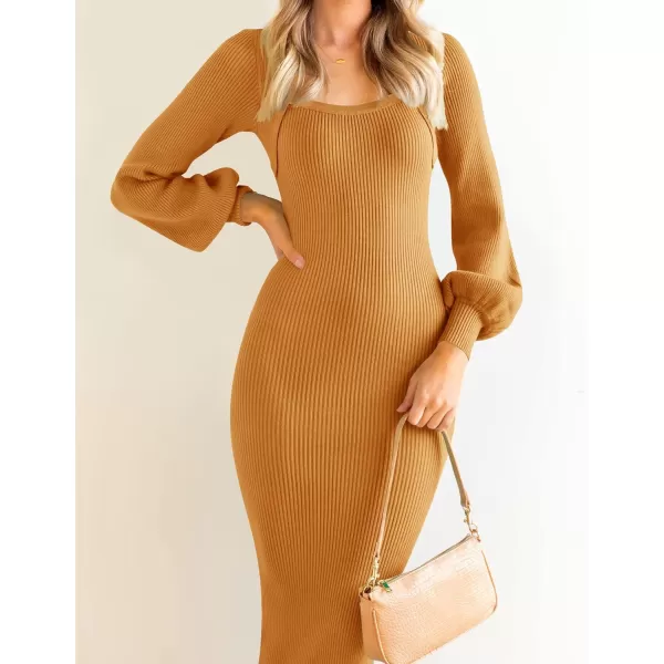 ZESICA Womens 2024 Square Neck Ribbed Knit Dress Puff Long Sleeve Slim Fit Bodycon Fall Winter Pullover Sweater DressGoldentea
