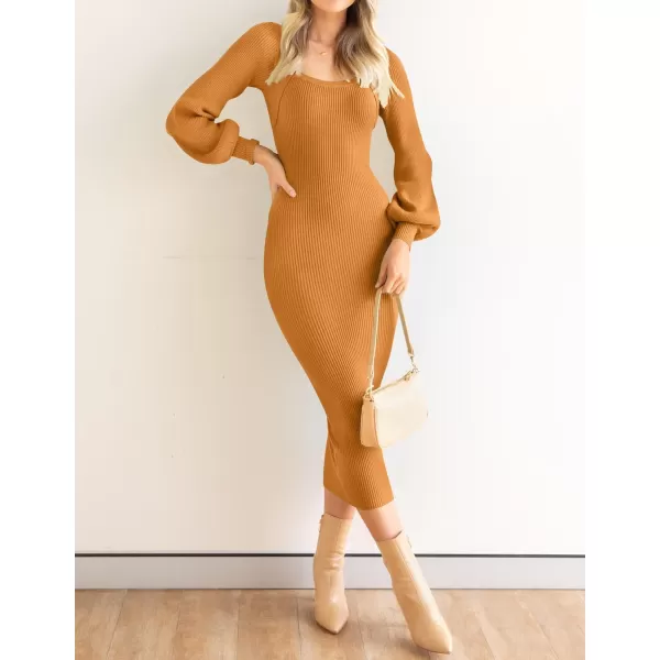 ZESICA Womens 2024 Square Neck Ribbed Knit Dress Puff Long Sleeve Slim Fit Bodycon Fall Winter Pullover Sweater DressGoldentea