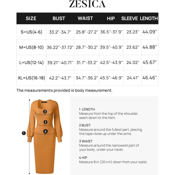 ZESICA Womens 2024 Square Neck Ribbed Knit Dress Puff Long Sleeve Slim Fit Bodycon Fall Winter Pullover Sweater DressGoldentea