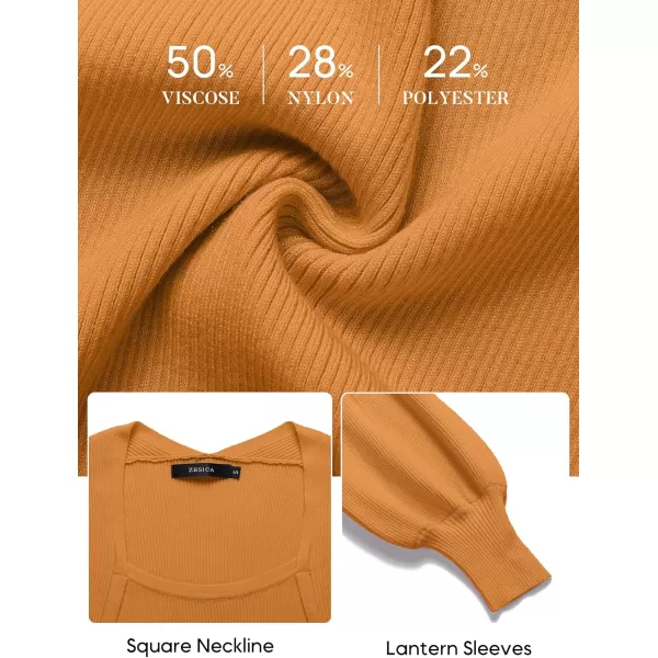 ZESICA Womens 2024 Square Neck Ribbed Knit Dress Puff Long Sleeve Slim Fit Bodycon Fall Winter Pullover Sweater DressGoldentea