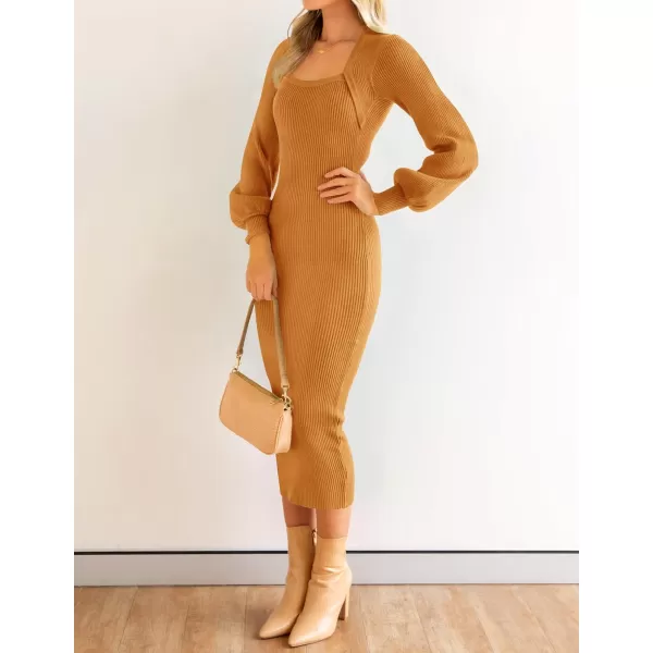 ZESICA Womens 2024 Square Neck Ribbed Knit Dress Puff Long Sleeve Slim Fit Bodycon Fall Winter Pullover Sweater DressGoldentea