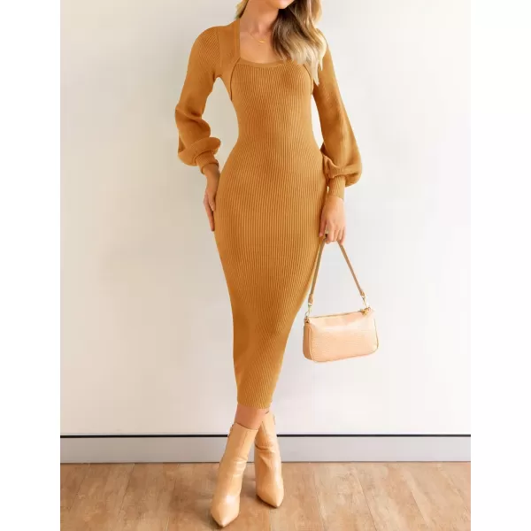 ZESICA Womens 2024 Square Neck Ribbed Knit Dress Puff Long Sleeve Slim Fit Bodycon Fall Winter Pullover Sweater DressGoldentea